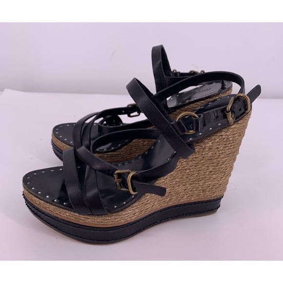 Miu Miu Black Leather Strappy Platform Wedge Sandal Espadrille Studs Size 39.5 - Picture 4 of 16